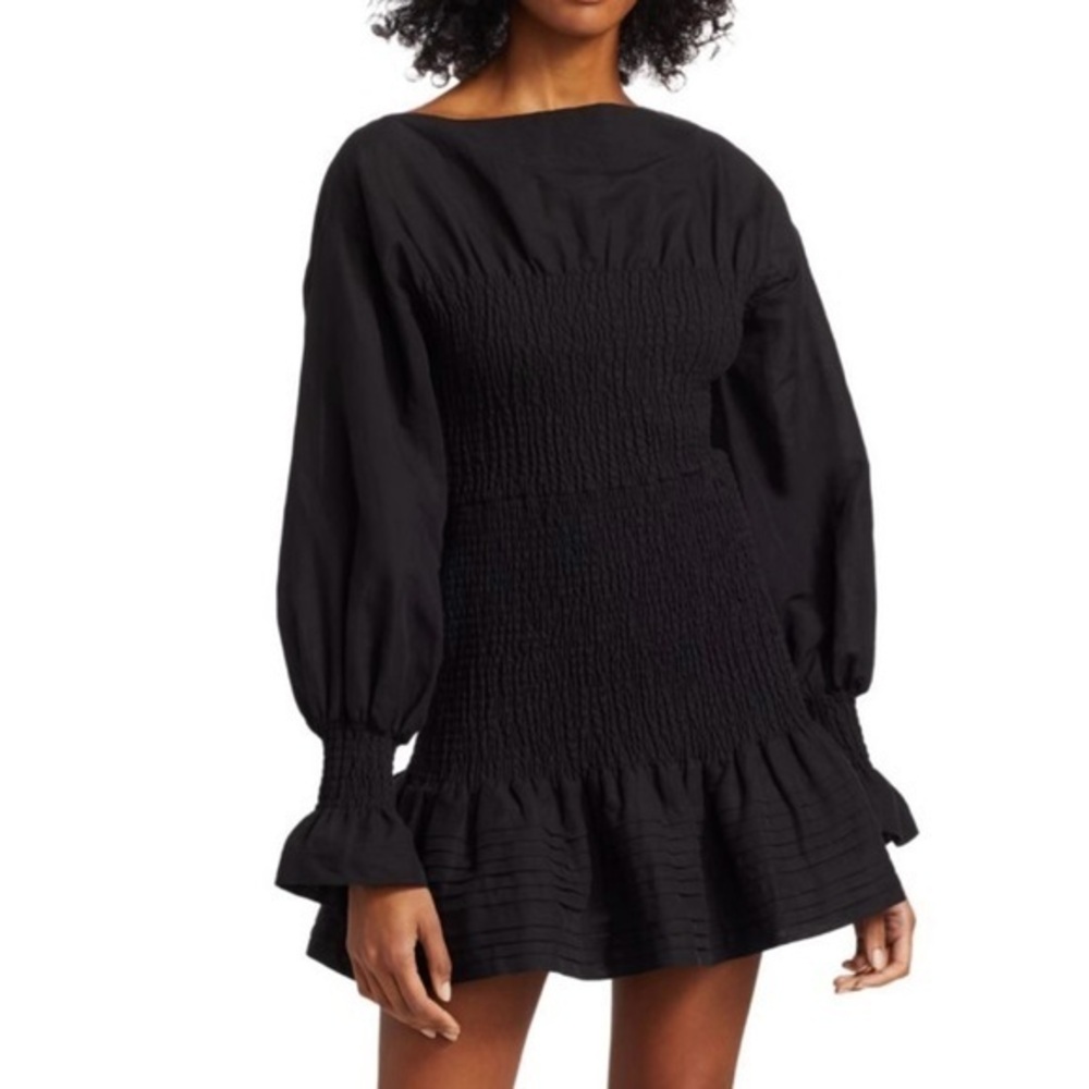 Derek Lam Collective Black Smocked Long Sleeve Ruffle Hem Cotton Mini Dress